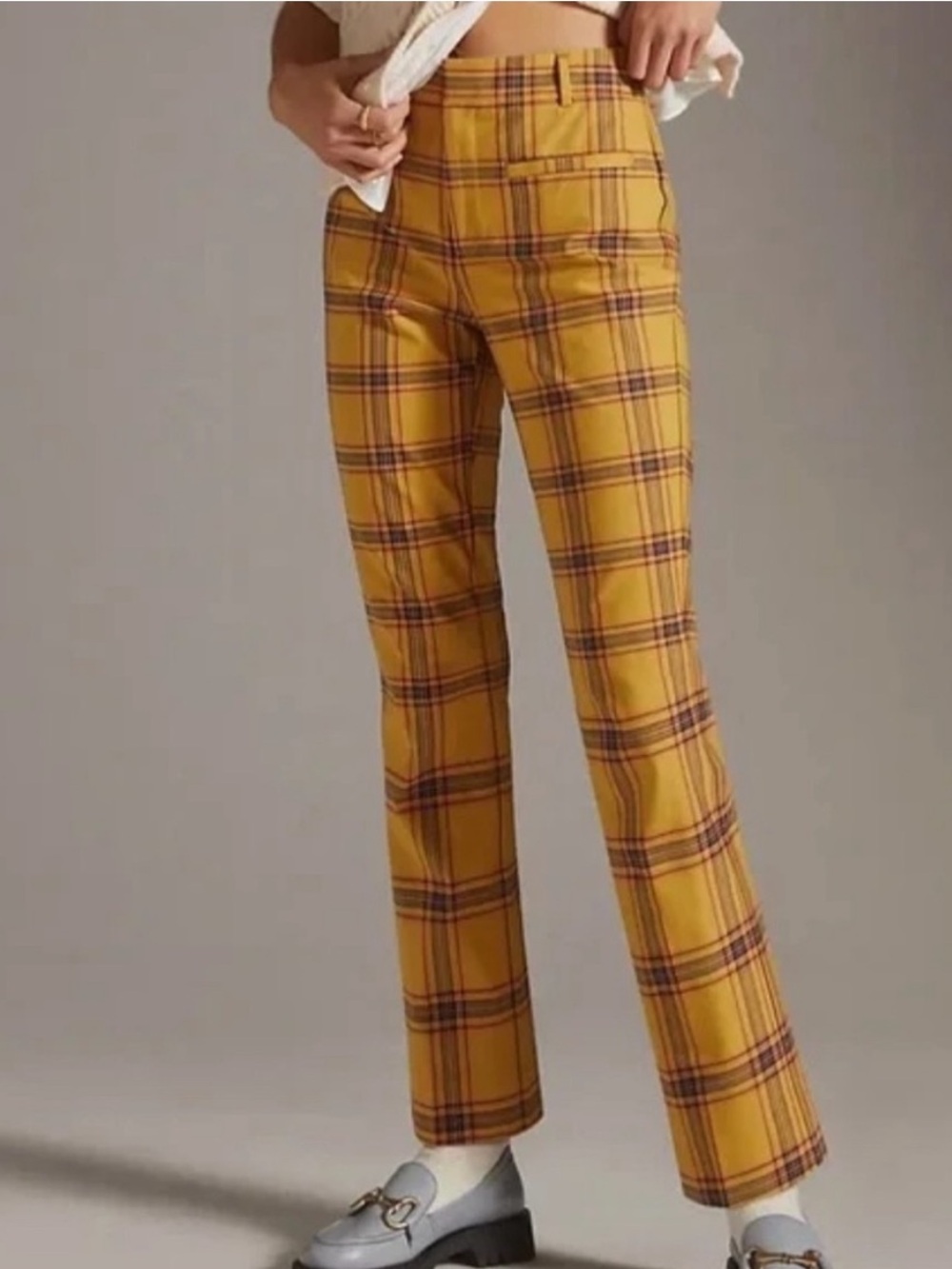 Anthropologie Maeve The Essential Slim Kick Flare Pants in Yellow Plaid Sz 8